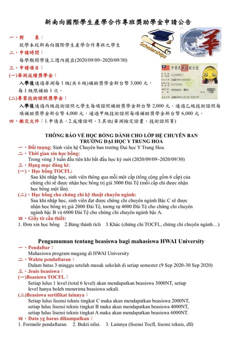 109學年度新南向國際學生產學合作專班獎助學金圖片